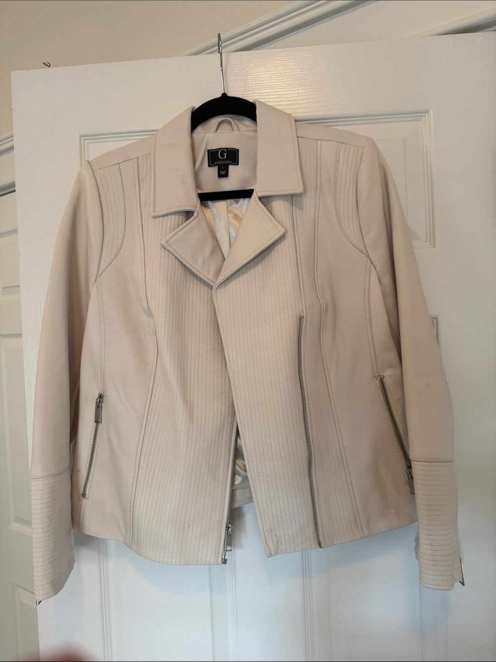 G by Giuliana Cream Perforated Leather Moto Jacket